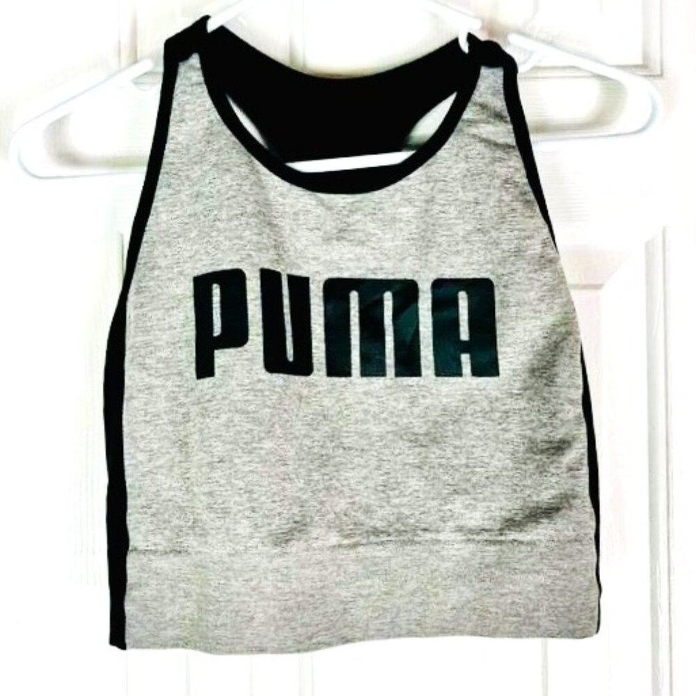 PUMA Seamless Active Tank Fitness Sports Bra, Heather Grey & Black, Sz Medium